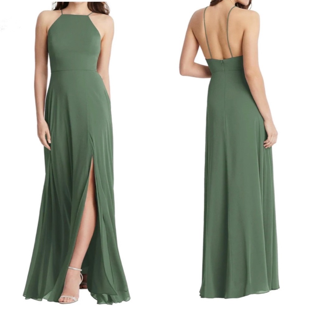 . Lovely Lela High Neck Chiffon Maxi Dress with Front Slit Vineyard Green size 6